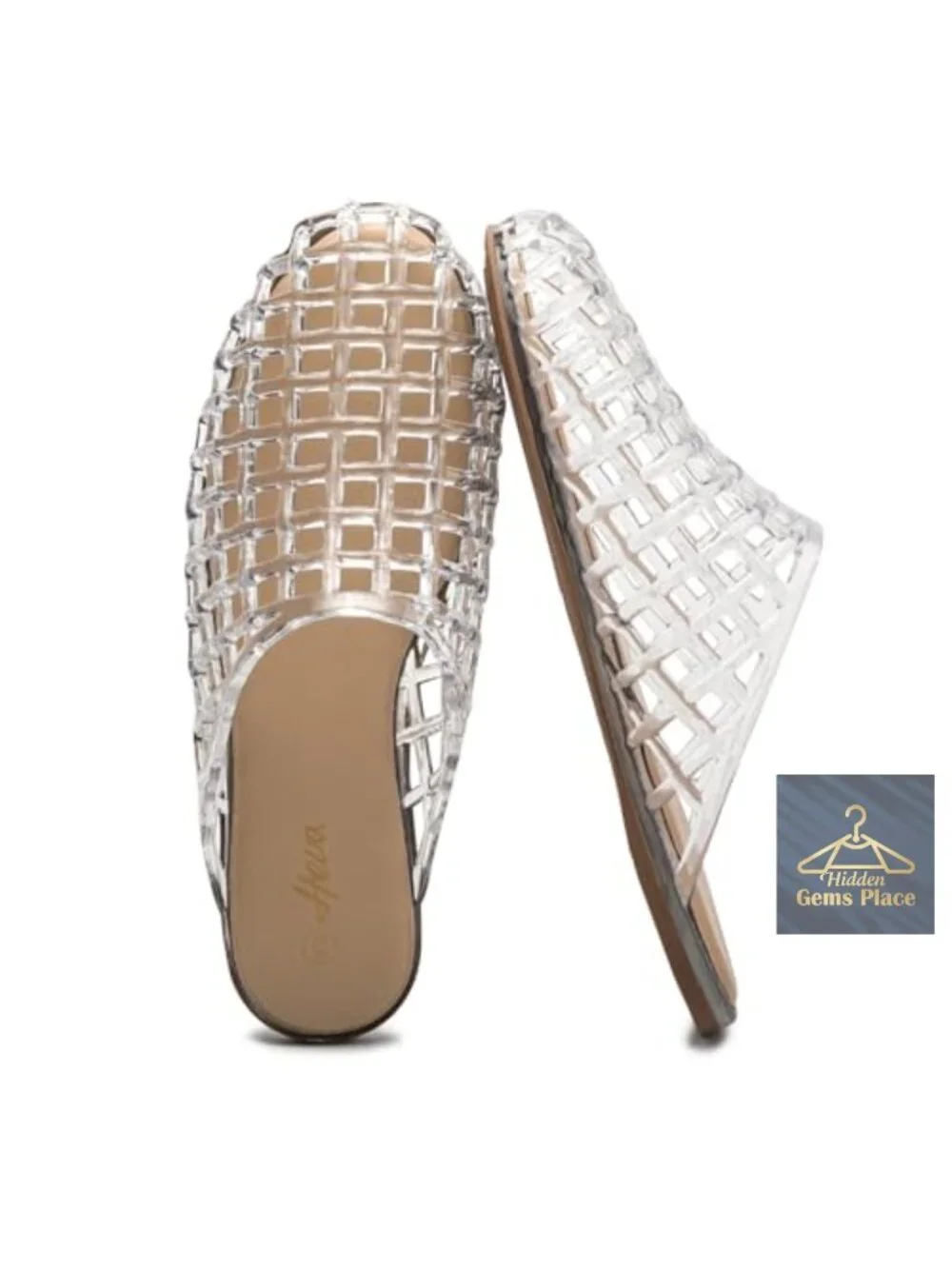 Women's Jelly Slide Sandals - Clear Mesh Hollow Closed Toe Slip On Flat Sandals
